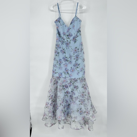 Lulus Floral Organza Maxi Dress Trumpet Tiered Ruffles Blue Purple Dress Small - Picture 3 of 11